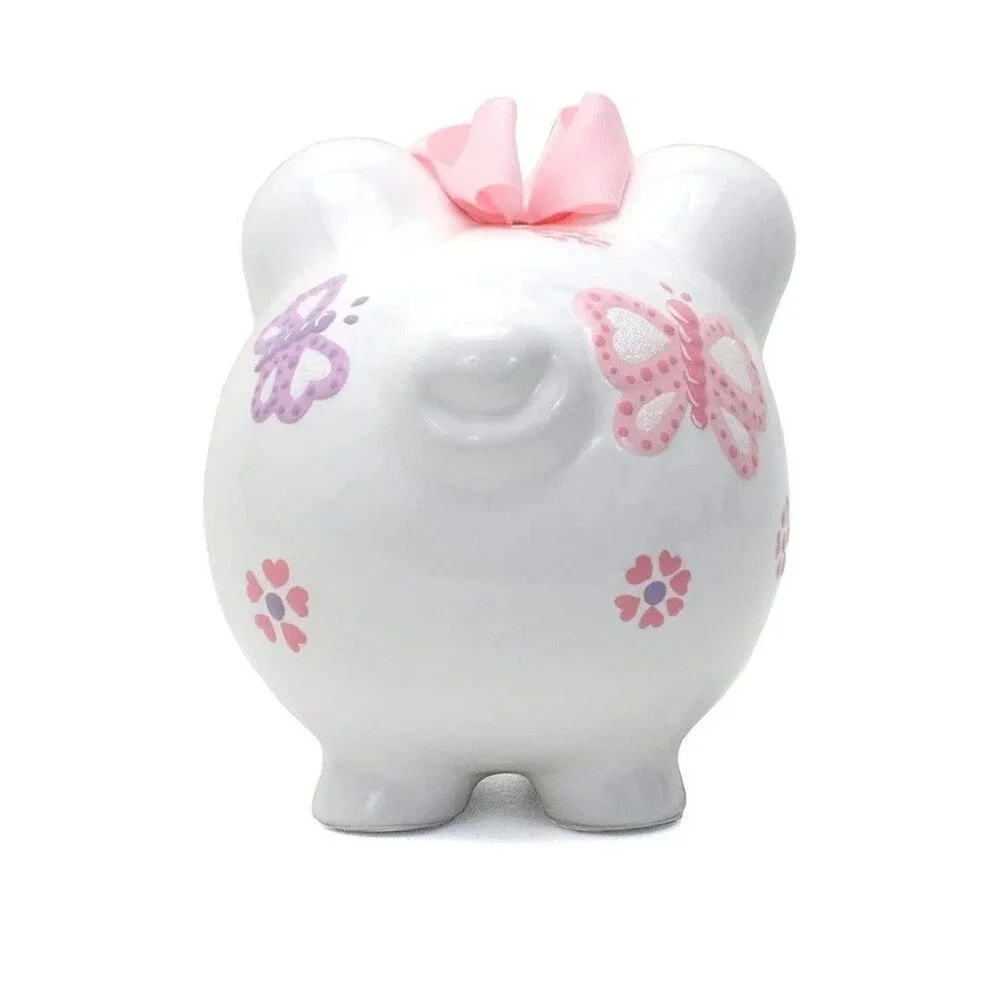 White Piggy Bank w/ Pink Bow, Butterfly & Flower Design, Animal Theme